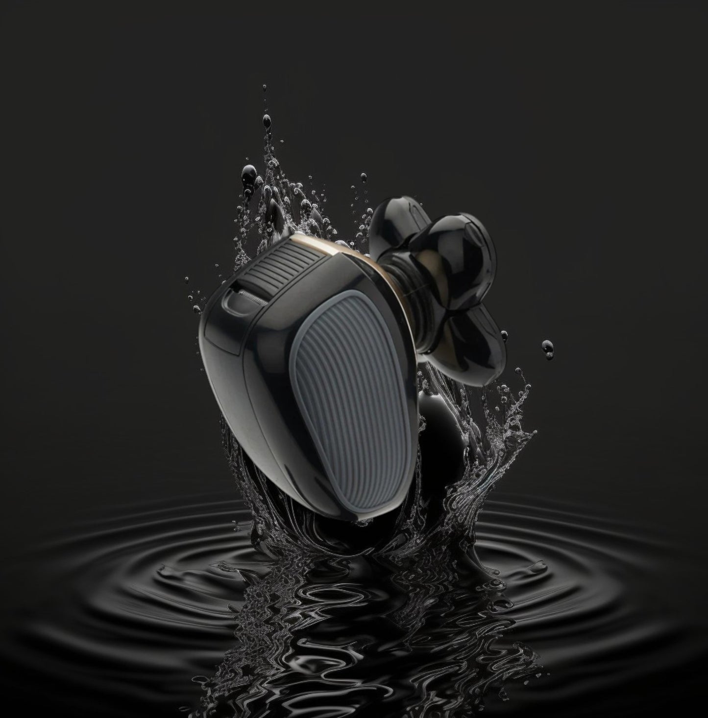 Black wireless electric shaver splashing into water on a black background