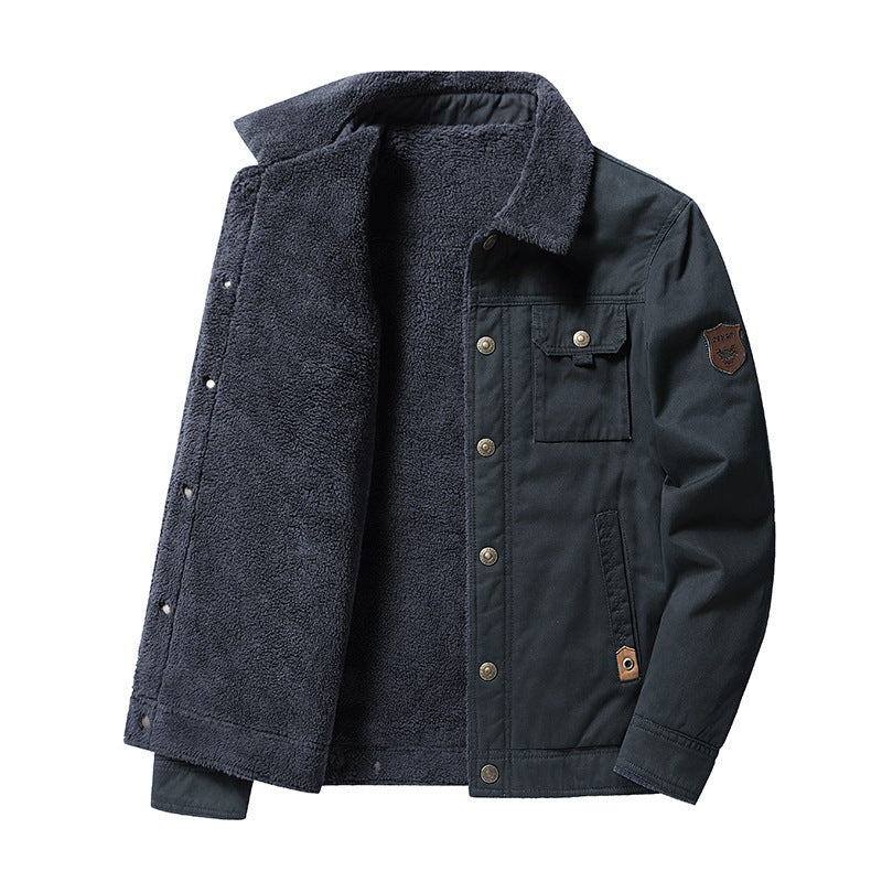 Black jacket with button details on a white background