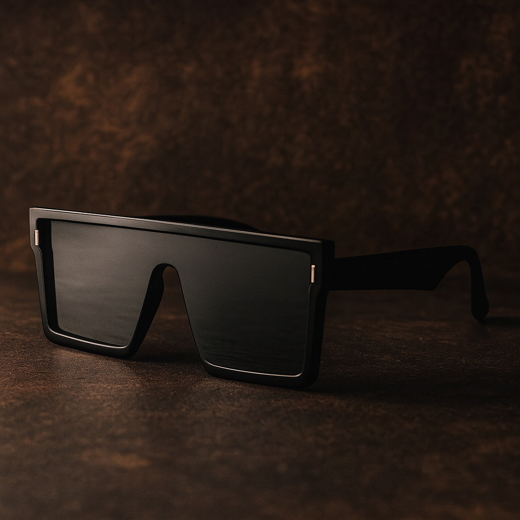 Black sunglasses on a textured brown surface