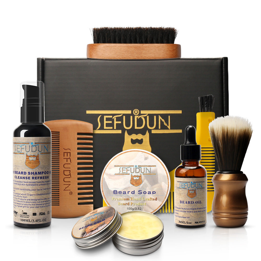 Set of Jefudun beard care products including shampoo, soap, oil, and grooming tools on a white background.