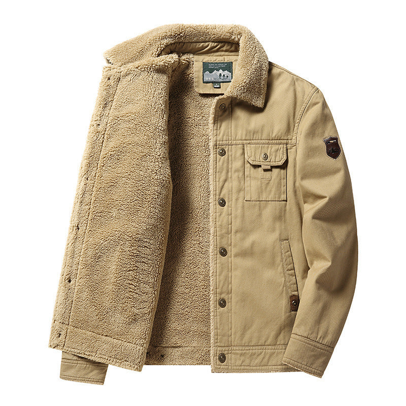 Beige jacket with sherpa lining on a white background