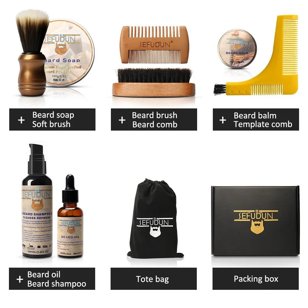 Collection of JEFUDUN beard care products including soap, brush, comb, balm, oil, shampoo, tote bag, and packaging box on a white background.