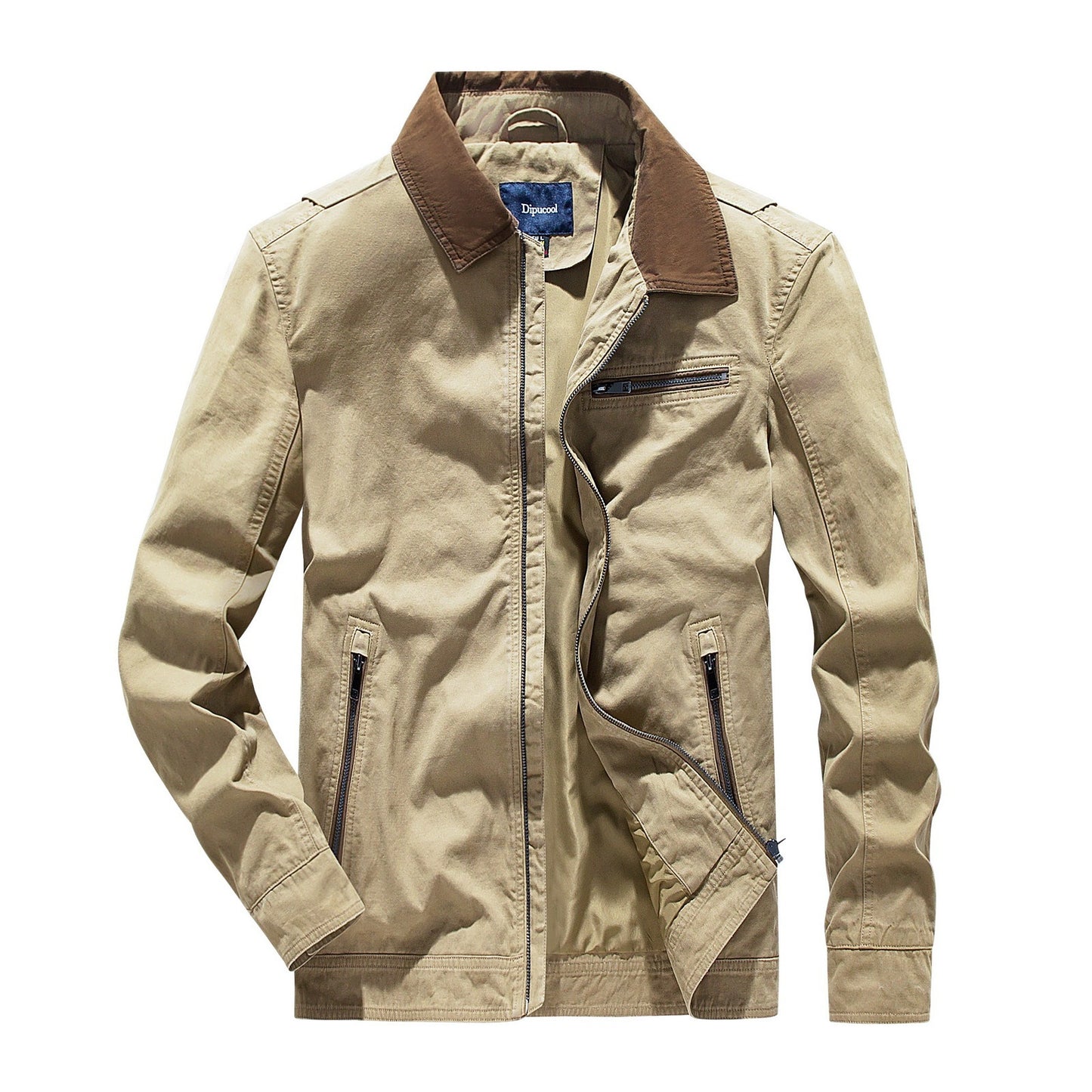Beige jacket with brown collar on a white background
