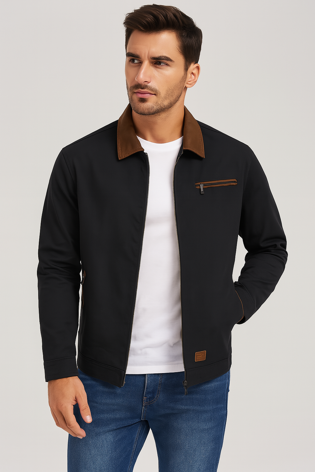 Man wearing a black jacket with brown collar and accents on a white background