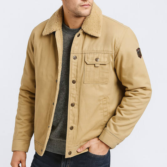 Man wearing a beige jacket with a white background